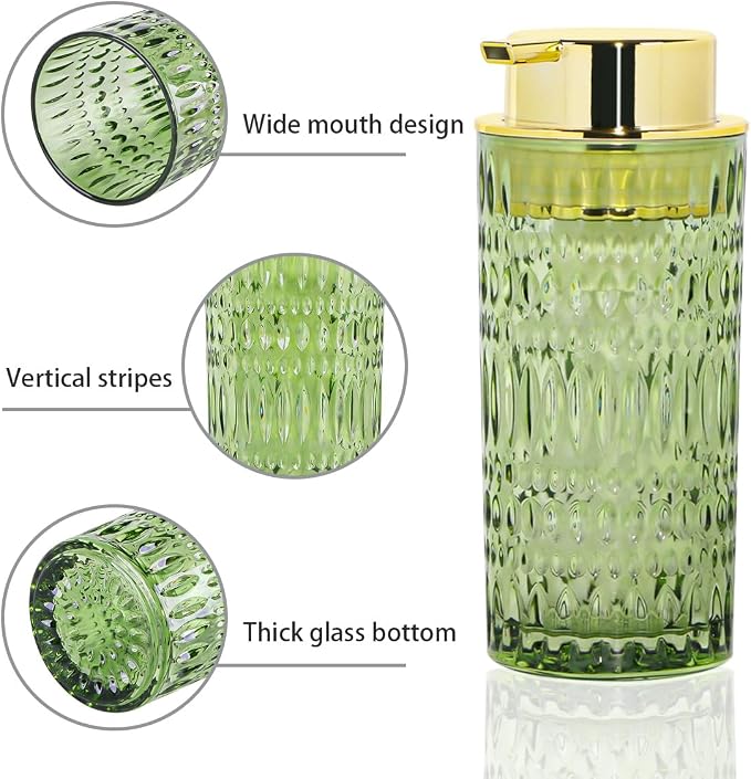 Foaming Soap Dispenser, Bathroom Green Glass Foam Soap Dispenser, Refillable 14 Oz Foam Pump Bottle Container with Gold Pump, Decorative Dish Soap Dispenser for Kitchen