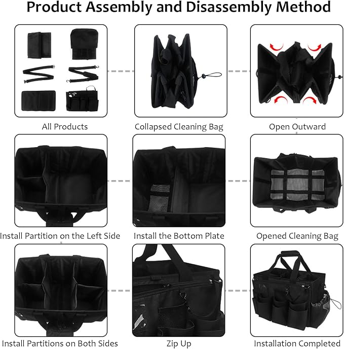 Qivine Cleaning Caddy with Handle, Cleaning Supply Caddy Foldable Tool Bag Cleaning Products Organizers Portable Cleaning Bucket Organiser for Storing Towels（Black Square）