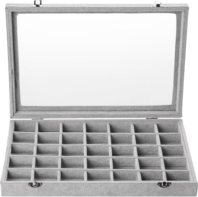 Frebeauty Velvet Jewelry Tray,35 Grid Jewelry Organizer with Clear Lid,Earring Holder Organizer Case with Clasp,Drawer Insert for Rings Studs,13.8 x 9.5 x 2 Inches,Gift for Women Girls(Grey) | Drawer Jewelry Organizer for Rings Studs Beads,Adjustable D...