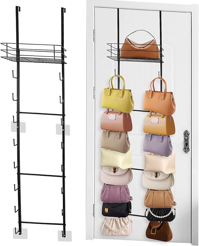 Over The Door Purse Organizer, Hanging Purse Organizer | Wall-Mounted Handbag Storage Rack with 16 Hooks & Metal Basket, Space-Saving 2-in-1 Bag Rack for Door, Closet