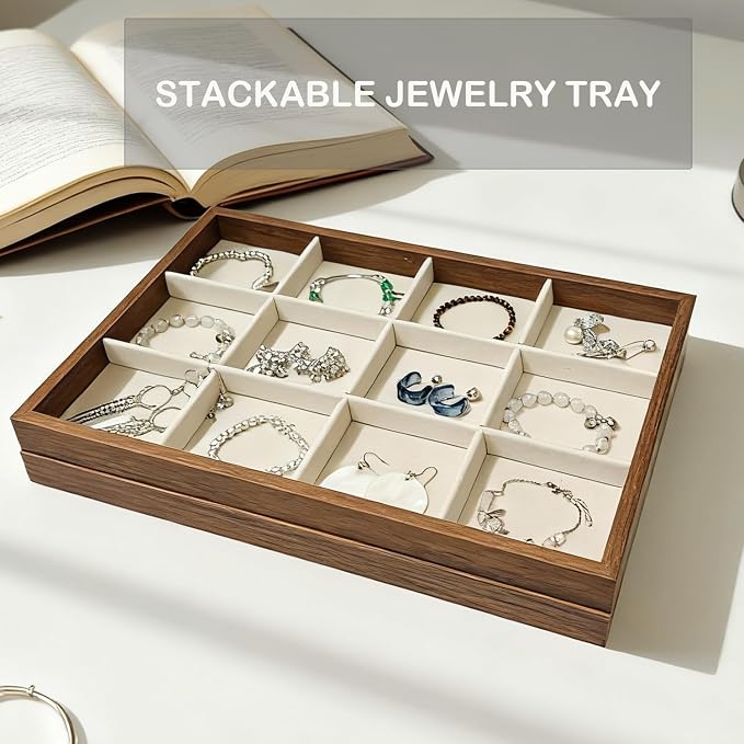 Large Jewelry Trays for Drawers Stackable Velvet Jewelry Display for Vendors Jewelry Drawer Organizer Inserts for Rings Necklace Bracelets Earrings and Studs Earrings (Beige, 12 Grid)