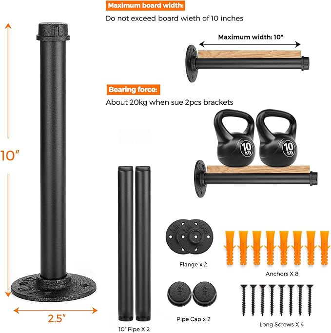 10 Inch Black Industrial Pipe Floating Clothing Rack Wall Mounted, Heavy Duty Garment Rack for Hanging Clothes, Multi-purpose Hanging Rod for Closet Storage, 12 Pack