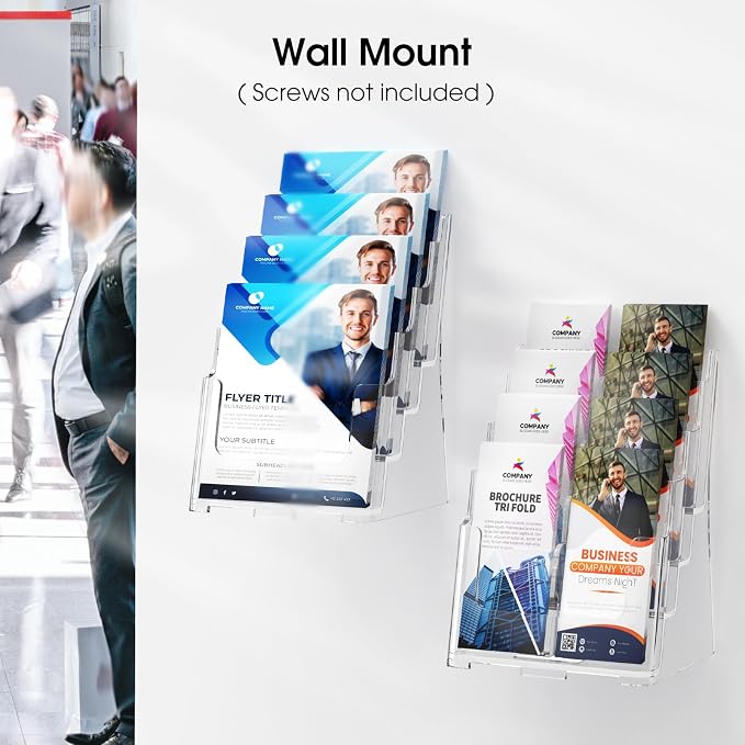 MaxGear 4 Tier Brochure Holder, 8.5 x 11, Removable Divider, 4 Pack | Clear Acrylic Material, Fits 8.5 x 11 Literature or 4 x 9 Brochures, Wall Mount or Countertop, Non Slip Slot, Polished Edges
