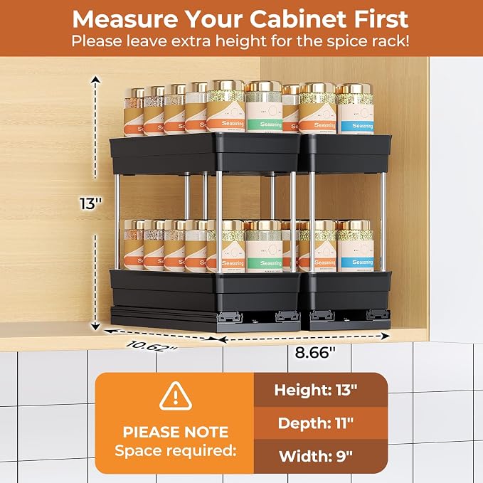 Mystozer Pull Out Spice Rack Organizer for Cabinet, 2 Pack 2-Tier, Black | Smooth Dual-Rail Sliding, No-Drill Installation, 8.26"W x 10.62"D x 8.66"H, Fits Framed Cabinets and Saves Kitchen Space