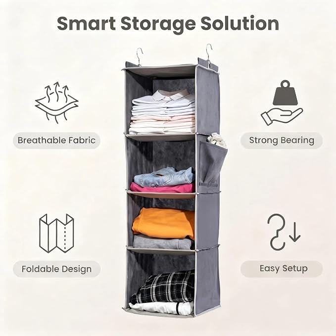 Hanging Closet Organizer, Foldable Shelves, Grey (4)