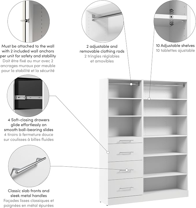 Bestar 61W x 16D Modular Closet Organizer System, Reach-in Closet or Walk-in with Shelves and Drawers, Slab Style, Florence Collection, White