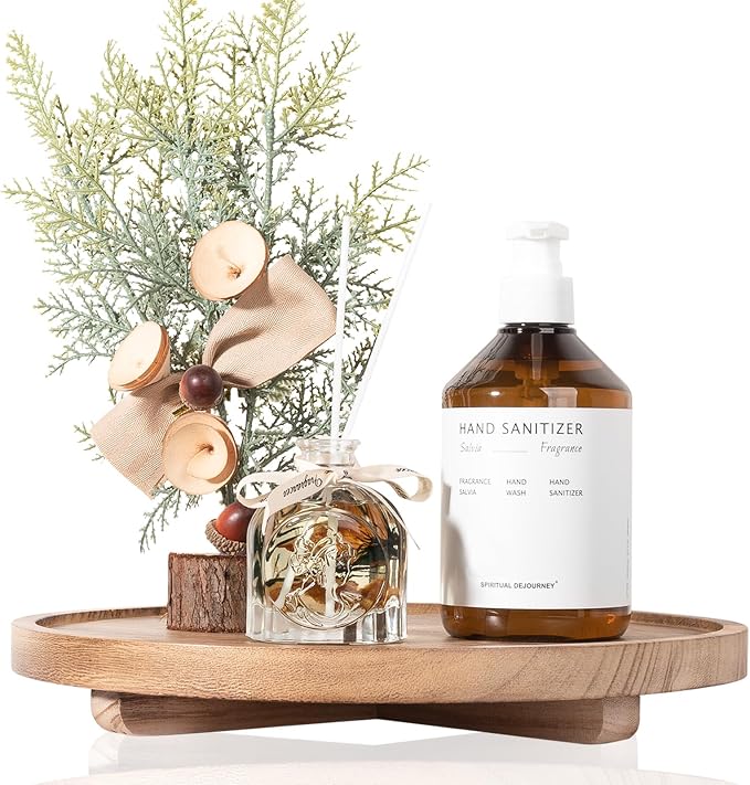 Round Decorative Tray Farmhouse Kitchen Decor Soap Dish 12" Brown | Waterproof, Lightweight, Easy Clean, Wood Riser Pedestal Stand Accessories for Office Desk, Vanity, Counter, Sink