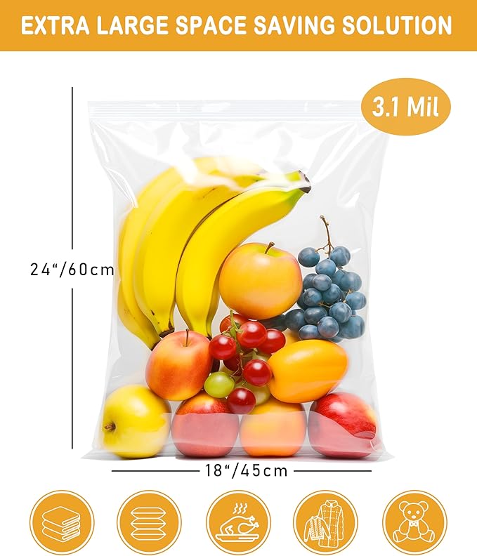 Large Storage Bags with Zipper Top, 5 Gallon Bags 18" x 24", Resealable Plastic Bag, Jumbo Freezer Bag for Food, Clothes, Travel, Moving, 3.1-mil Thick, Pack of 25