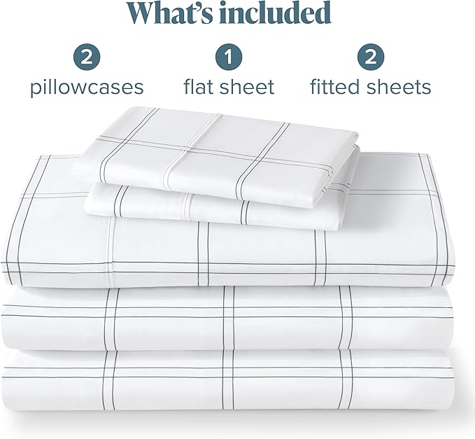 Bare Home Split King Sheet Set - 1800 Ultra-Soft Microfiber Bed Sheets - Double Brushed - Deep Pockets - Easy Fit - 5 Piece Set - Bed Sheets (Split King, Modern Plaid - White/Grey)