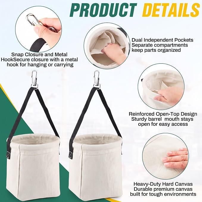2 Pcs Tool Bags Square-Bottom 8" x 6.5" x 6.5", Canvas Tool Bucket Bag with 2 Interior Pockets & Metal Hook & Closure Loop, All-Purpose Bucket Tools Organizer for Outdoor Work Maintenance