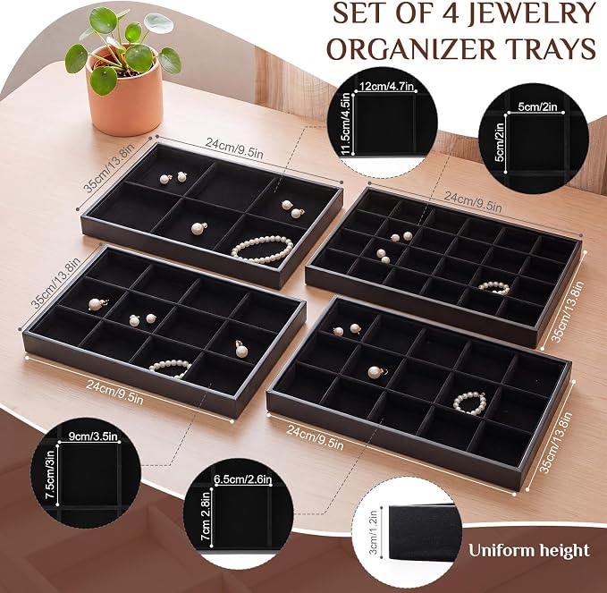 Unittype Set of 4 Stackable Jewelry Organizer Tray for Drawer Inserts Velvet Necklace Earring Bracelet Ring Holder Jewelry Display Storage Box for Bangle Stud Necklace Ring(6/12/15/24 Grid,Black)