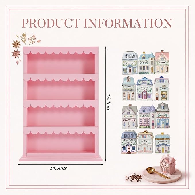 Chunful Vintage Spice Jar Wooden Rack Pink Scalloped Edge Spice Shelf for 24 Jars, Village Style Wall Mounting Kitchen Storage Decorative Hanging Display Rack, Shelf Only(18.7 x 15.75 Inches)