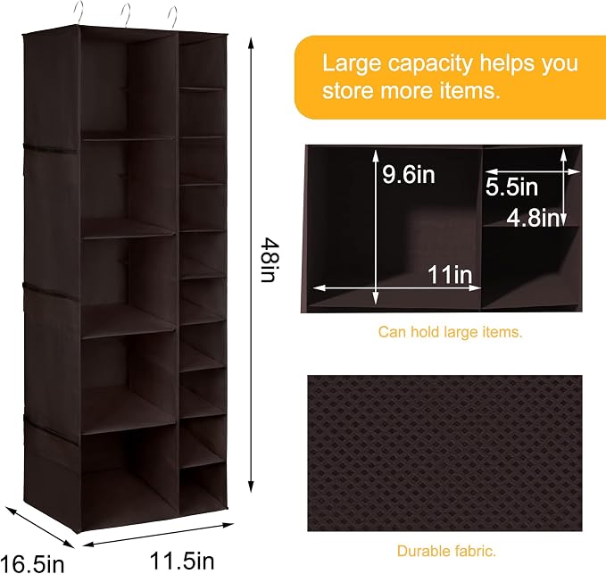 Libeder Shoe Organizer for Closet, 15 Shelf Hanging Closet Storage Shelves - 10 Shoe Rack Organizer and 5 Compartment for Clothes with 6 Side Mesh Pockets for Scarf, Socks,Gloves, Coffee
