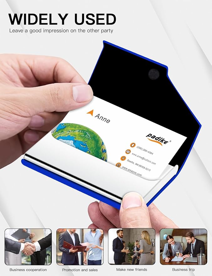 Padike Business Card Holder, Upgraded Leather Business Card Case Pocket Card Holders for Men or Women, Metal Slim Name Card Holder RFID Blocking Business Card Carrier with Magnetic Closure (Y-BU)