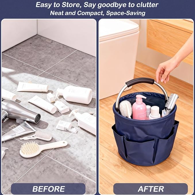17L Foldable Cleaning Caddy with Handle, Cleaning Supplies Organizer Storage Basket with 6 Side Pockets, Portable Multi Cleaning Bucket Bag for Home Garden Bathroom Camping (Navy Blue)