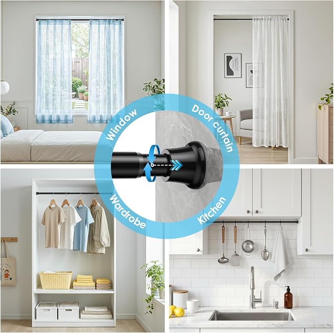 2Pcs Tension Curtain Rod 24 To 46 Inch Black Shower Curtain Rod No Drilling Adjustable Spring Loaded Curtain Rods Shower Rods For Bathroom Windows Bedroom Closet Doorway Door