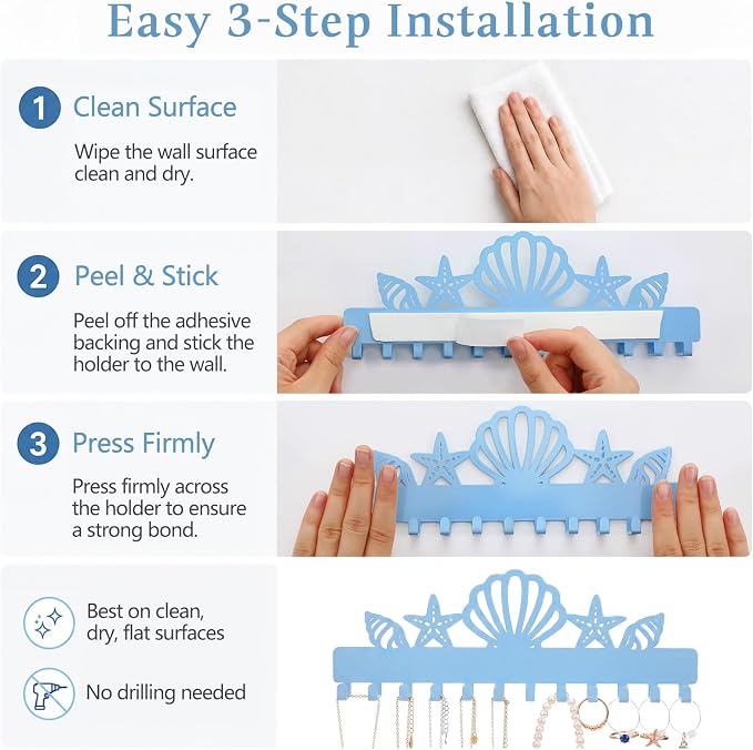 Hicarer 2 Pack Ocean Necklace Holder Wall Mount with 24 Hooks Adhesive Metal Seashell Starfish Hanger Coastal Jewelry Organizer Beach Decor for Earrings Bracelets Rings