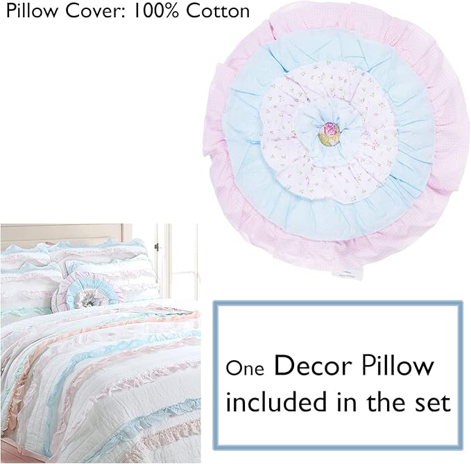 Cozy Line Home Fashions Light Pink Blue Coral White Ruffle 100% Cotton Reversible Girl Quilt Bedding Set, Reversible Coverlet Bedspread (Shabby Chic, Twin - 3 Piece)