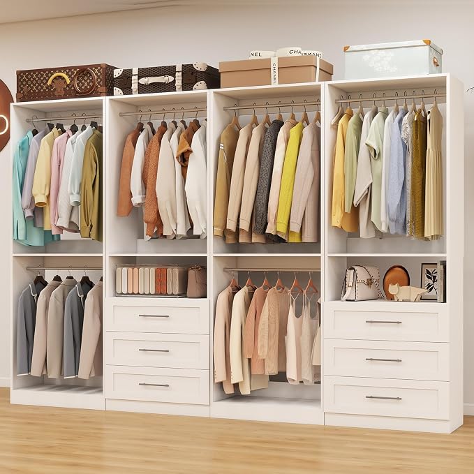 Closet System with 4 Sets, 8FT-21FT Closet Organizer Systems with 6 Wooden Drawers & 10 Hanging Rods, Walk in Closet Freestanding Corner Closet System Modular Closet System White (8FT)