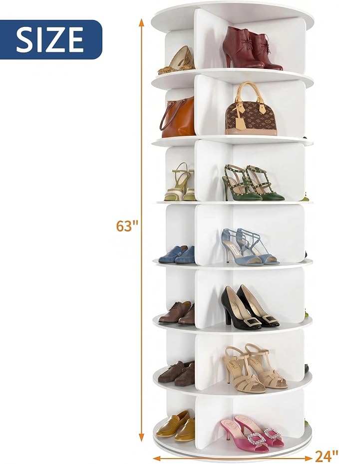 Cushore 7 Tier Rotating Shoe Rack Tower, 360° Spinning Shoe Display Lazy Susan, Tall Revolving Shoe Storage Round Carousel, White