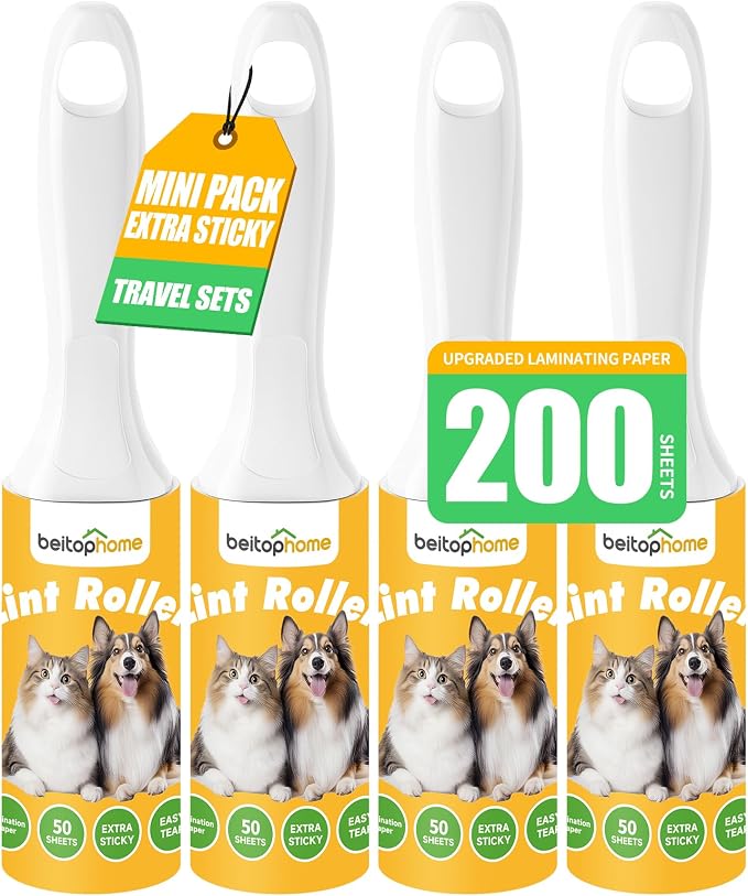 Mini Lint Roller 4 Pack for Pet Hair, 200 Sheets Total | Four Travel-Size Rollers for Purse, Car, Office, Luggage & Home