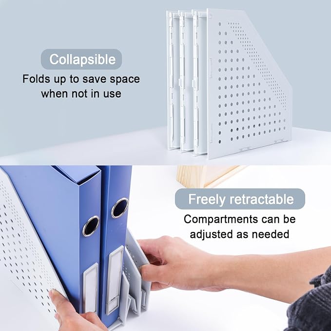 FRETONBA Collapsible Magazine File Holder, 3 Vertical Compartments | Foldable Space-Saving, Sturdy Plastic Binder Holder, Compact for Desk or Shelf, for Office & Home, Easy Access, Light Gray