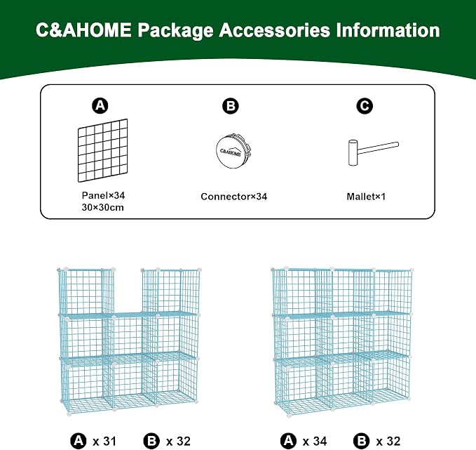 C&AHOME Wire Cube Storage, 9 - Cube Organizer Metal C Grids, Modular Shelves Units, Closet Organizer, Ideal for Home, Office, Living Room, 36.6”L x 12.4”W x 48.4”H, Blue UWCS3009B