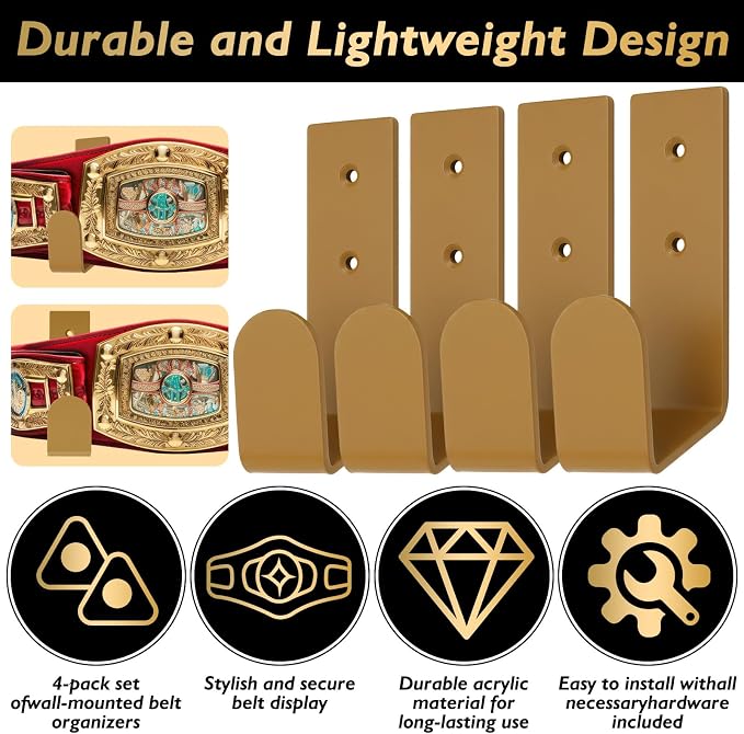 4 Pcs Wrestling Championship Belt Wall Display Holder Belt Horizontal Wall Mount Display Organizer Secure Rack for Wrestling Gifts and Awards