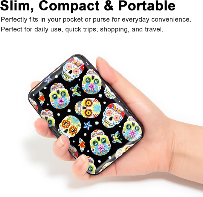 Credit Card Holder, Metal Card Wallet RFID Blocking Mini Slim Aluminum Business Hard Card Case for Women Men (Butterfly Sugar Skulls)