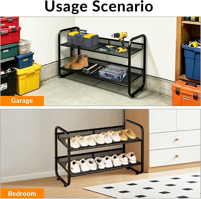 2 Tiers Metal Shoe Rack for Entryway Closet Hallway Bedroom Garage | Shoe Storage Organizer, Mesh Shoe Shelves, Freestanding, Stackable, Adjustable, Rustproof Black