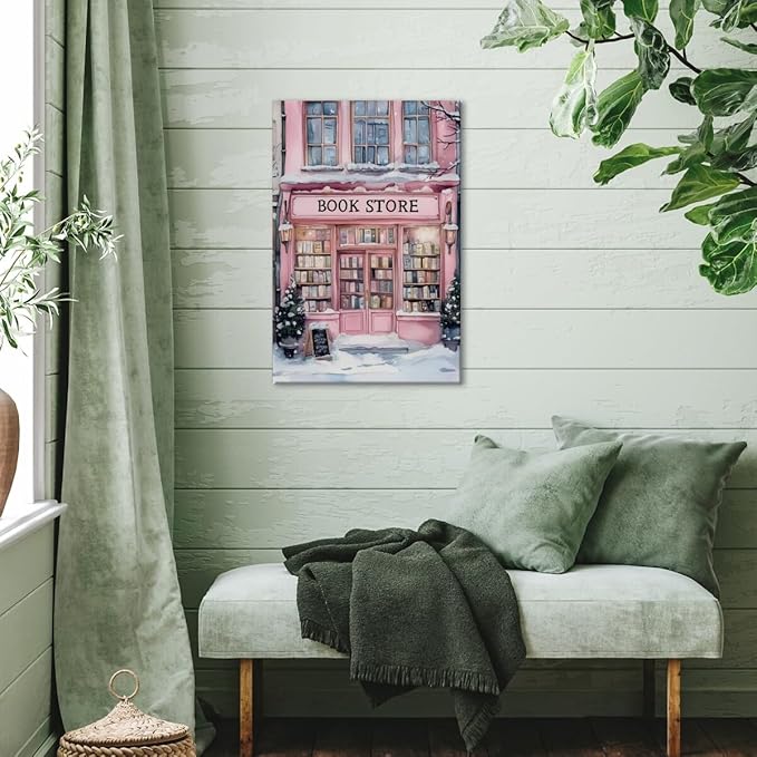 Winter Bookshop Snowy Art Aesthetic Poster Canvas Wall Art Decoration Living Room Home Decor Bedroom Decoration Poster Framed16x24inch