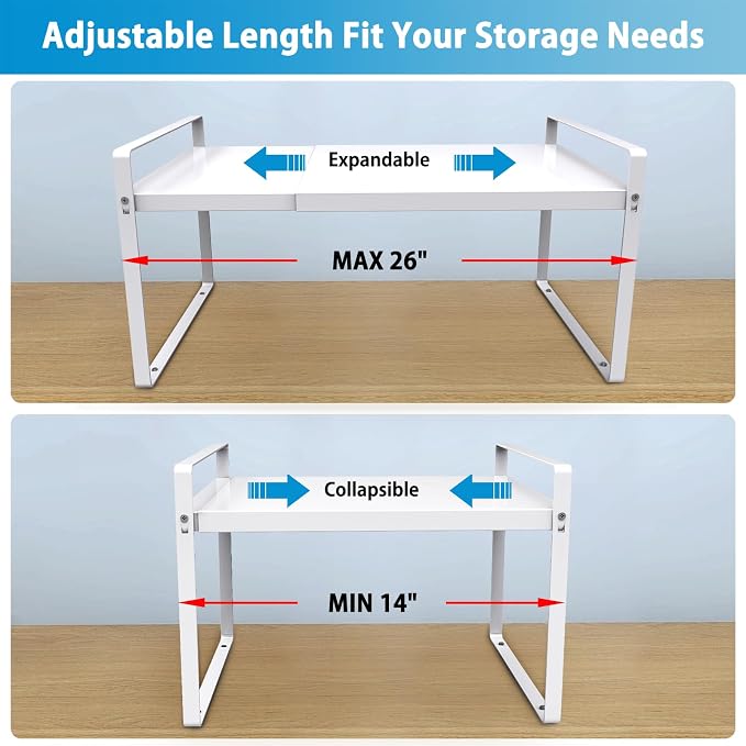 Yuleimy 11" Deep Expandable Cabinet Shelf Organizer, 14" to 26" Adjustable Metal Countertop Riser for Under Sink and Kitchen Cupboard Storage, Heavy Duty 55 Lbs Anti-Sag Central Rod, White, 1-Pack