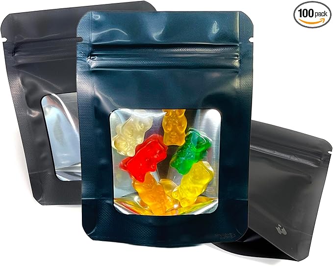 100 Pack Smell Proof Mylar Bags 3.5 x 4.5 x 1 inch Stand Up Resealable Ziplock Foil Pouch. Ultra-Clear Window Not Frosted or Foggy. 4 Mil Thick. Storage, Sample, Travel and Display. ROYPACK