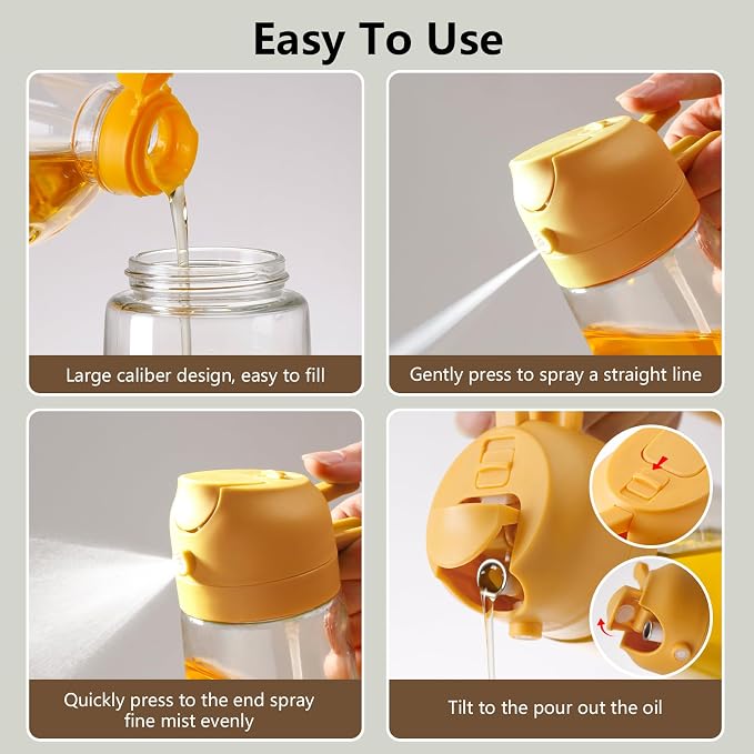 SWEET VIEW Oil Sprayer for Cooking 16oz/470ml | Glass Oil Dispenser/Pour Bottle, Kitchen Accessories, Kitchen Gadgets for Air Fryer, Salad, BBQ, with Stickers (Yellow)