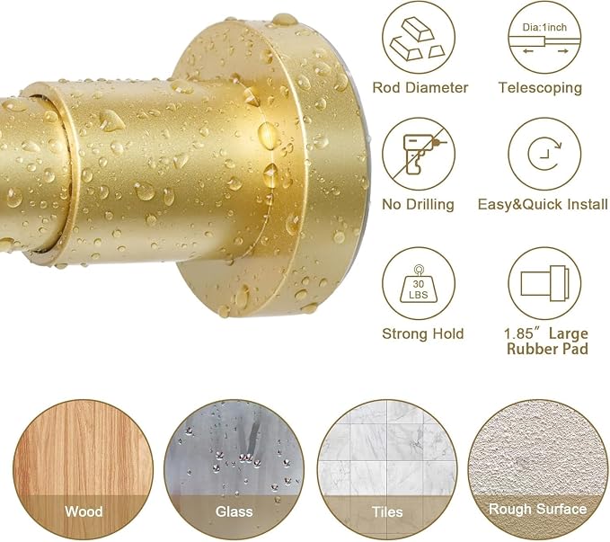 YNL Gold Shower Curtain Rod 32-64 Inch(2.7-5.33ft), Non-Slip, Never Rust, Stainless Steel No Drill Spring Tension Shower Rod, Adjustable Curtain Rod for Small Window Doorway Closet