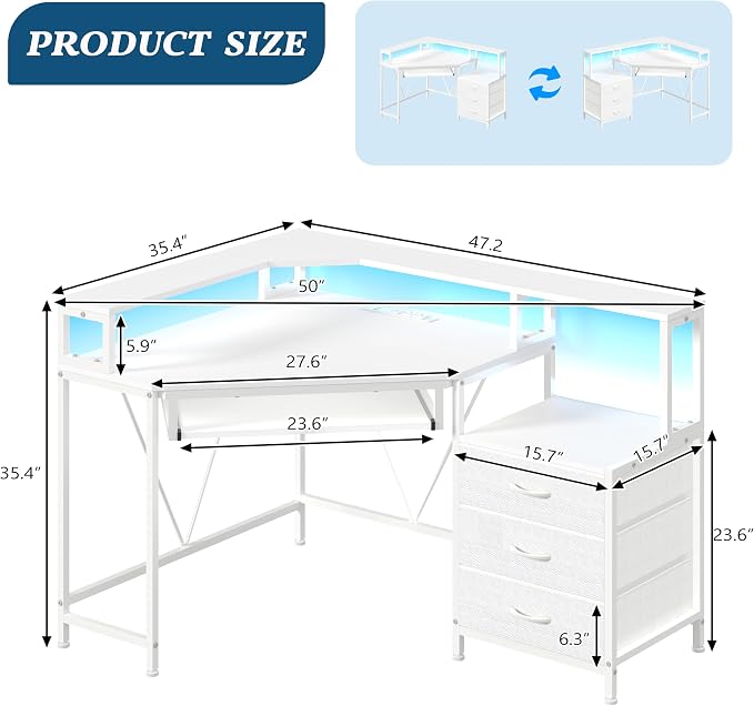 47" Corner Desk with Drawers, Power Outlets ＆ Printer Shelf for Small Space | Small Computer Desk with Monitor Stand, Triangle Gaming Desk with LED Lights and Keyboard Tray, White