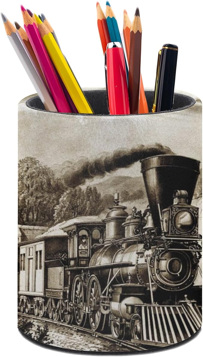 Vintage Steam Train Pen Holder Pencil Cup for Desk Organizer | Cute Makeup Brush Holder PU Multifunctional Office Suppliesfor Decor Home Classroom School
