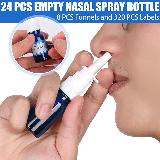 40 Pcs Nasal Spray Bottle, 10ML/0.35OZ 24 Pcs Refillable Glass Blue Nasal Spray Bottles Empty with 8 Funnels and 8 Labels