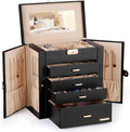 Homde Synthetic Leather Huge Jewelry Box Mirrored Watch Organizer Necklace Ring Earring Storage Lockable Gift Case (Black + Gold)