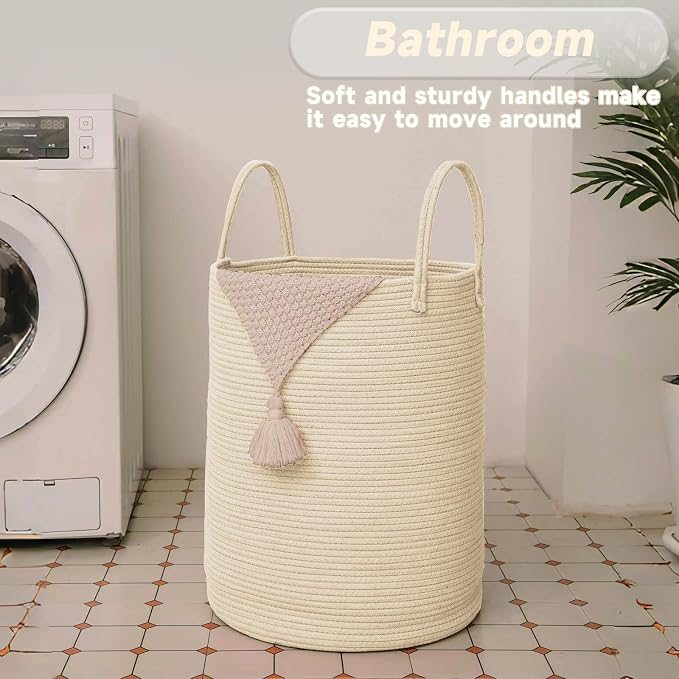 JMvicyroam Large Woven Laundry Basket Hamper,100L Cotton Rope Storage Bin for Blankets,Toys and Clothes,Decorative Tall Nursery Hamper for Living Room,Baby Nursery,Bathroom and Bedroom,Beige
