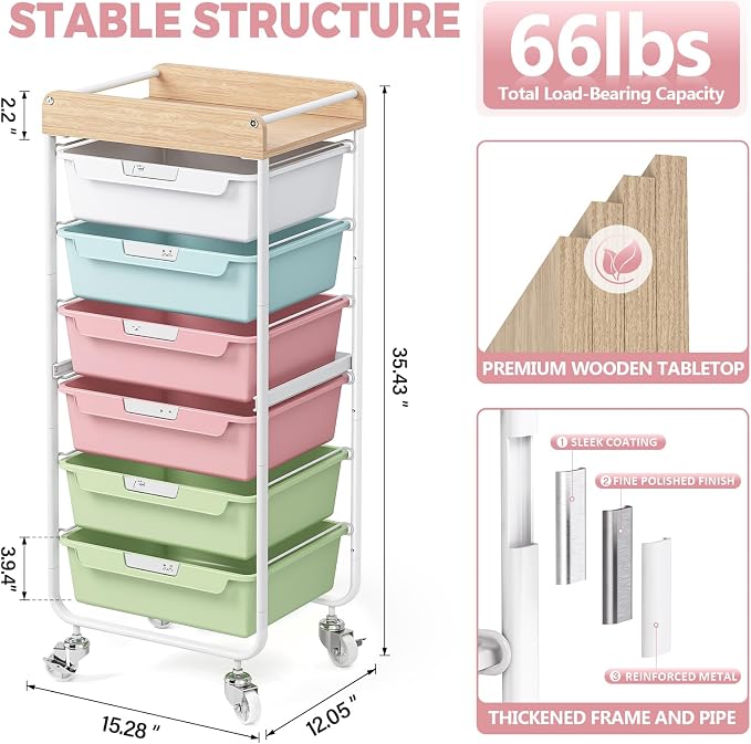6 Drawer Rolling Cart for Craft Storage,Utility Drawer Organizer with Handle and Wooden Top,Storage on wheels for Office, Classroom,Laundry,Garage,Snack,Art Supply,Colorful