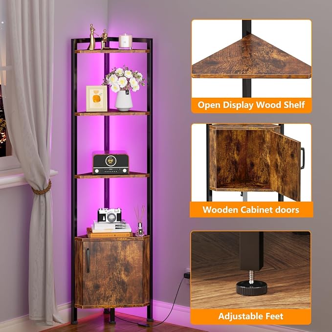 Furnulem Corner Shelf Cabinet,Corner Bookshelf with Storage and LED Light | Wall Shelf Unit,62.8”Tall Wood Display Shelves for Bedroom,Living Room,Kitchen,Metal Frame,Easy to Assemble