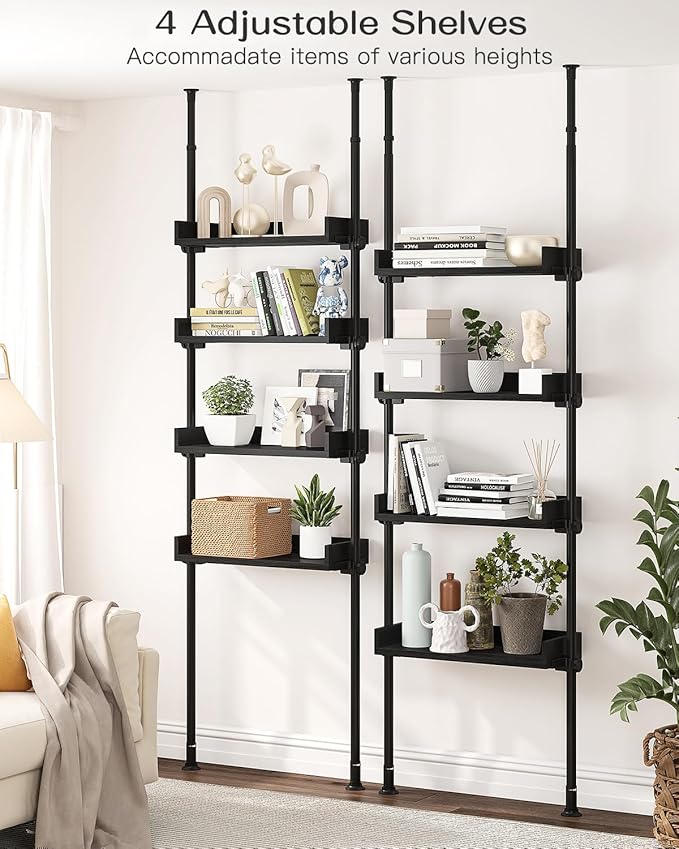 ALLZONE Bathroom Organizer, Over The Toilet Storage, 4-Tier Adjustable Wood Shelves for Small Rooms, Saver Space Rack, Narrow Cabinet, 92 to 116 Inches Tall, Black