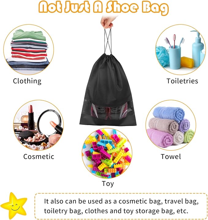 Large Black Travel Shoe Bags - 5 Pcs with Clear Window, Non-Woven Drawstring, 12.6" X 17.3" for Men Women