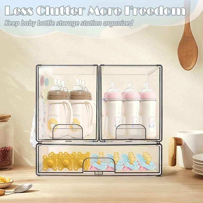 Baby Bottle Organizer with Hooks - 3 Pack Stackable Storage Drawer | Baby Organizers and Storage, Clear Acrylic Multipurpose Bottle Storage for Countertop
