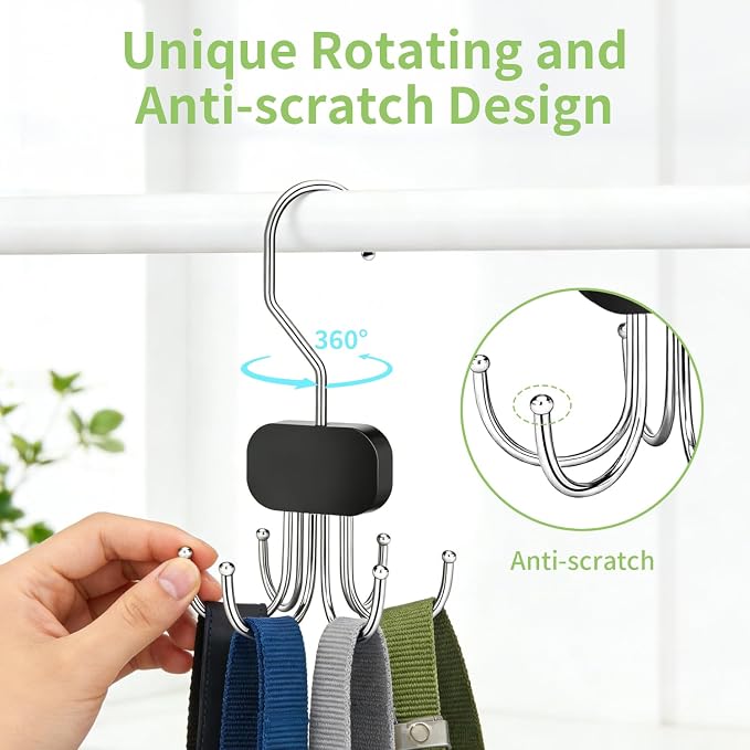 Belt Organizer for Closet, 6-Hook Tie Rack, Scarf & Hat Hanger, Heavy Duty Multifunctional Hanging Organizer for Purses, Bras, Tank Tops, Belts and Accessories (2)