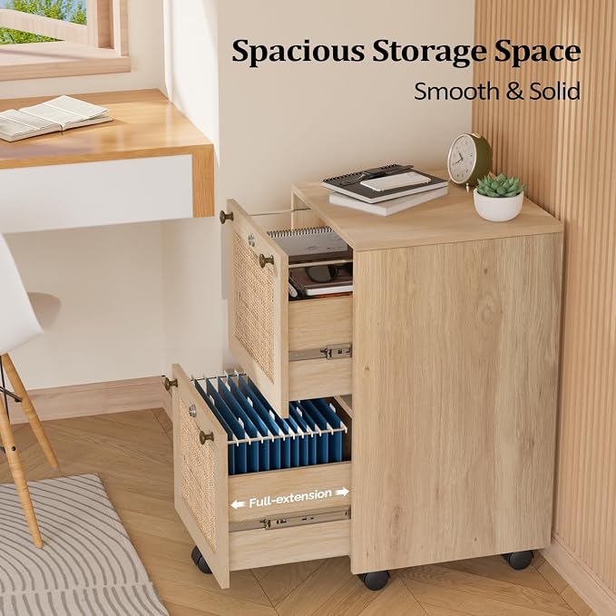 VINGLI 2 Drawer File Cabinet with Lock, Rolling File Cabinets for Home Office, Small Printer Stand, Wood Rattan Oak File Organizer, Under Desk Filing Cabinet on Wheels for Folders with Tabs