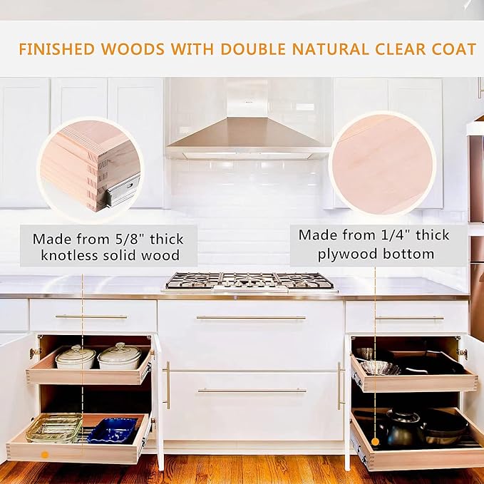 Mulush 13”W x 21”D x 3”H Soft Close Slide Out Wood Drawer Organizer for Kitchen, (Cabinet Opening Width>14.5 inches for Bottom Assembly, Width= 14 inches for Side Assembly)