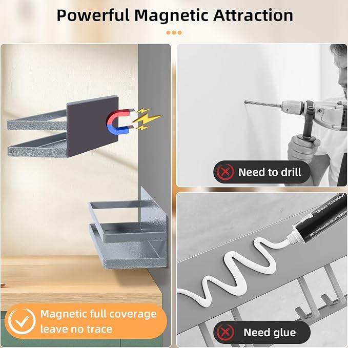 Uten Magnetic Spice Rack for Refrigerator 2 Pack, Strong Heavy Duty Metal | Magnetic Schelves capacity of up to 23lbs, Spice organizer, 16"*4.5" and 12"*4", gray textured