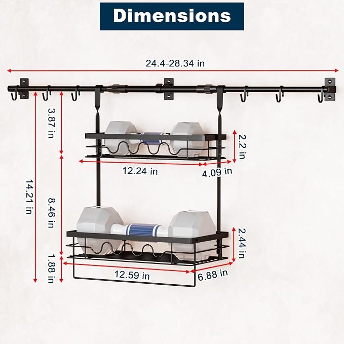 Upgraded adjustable Spice Rack Wall Mount, 6 pack kitchen hooks,heavy-duty kitchen wall shelf, suitable for use as an over-the-stove shelf, coffee shelf, or shower wall caddy.